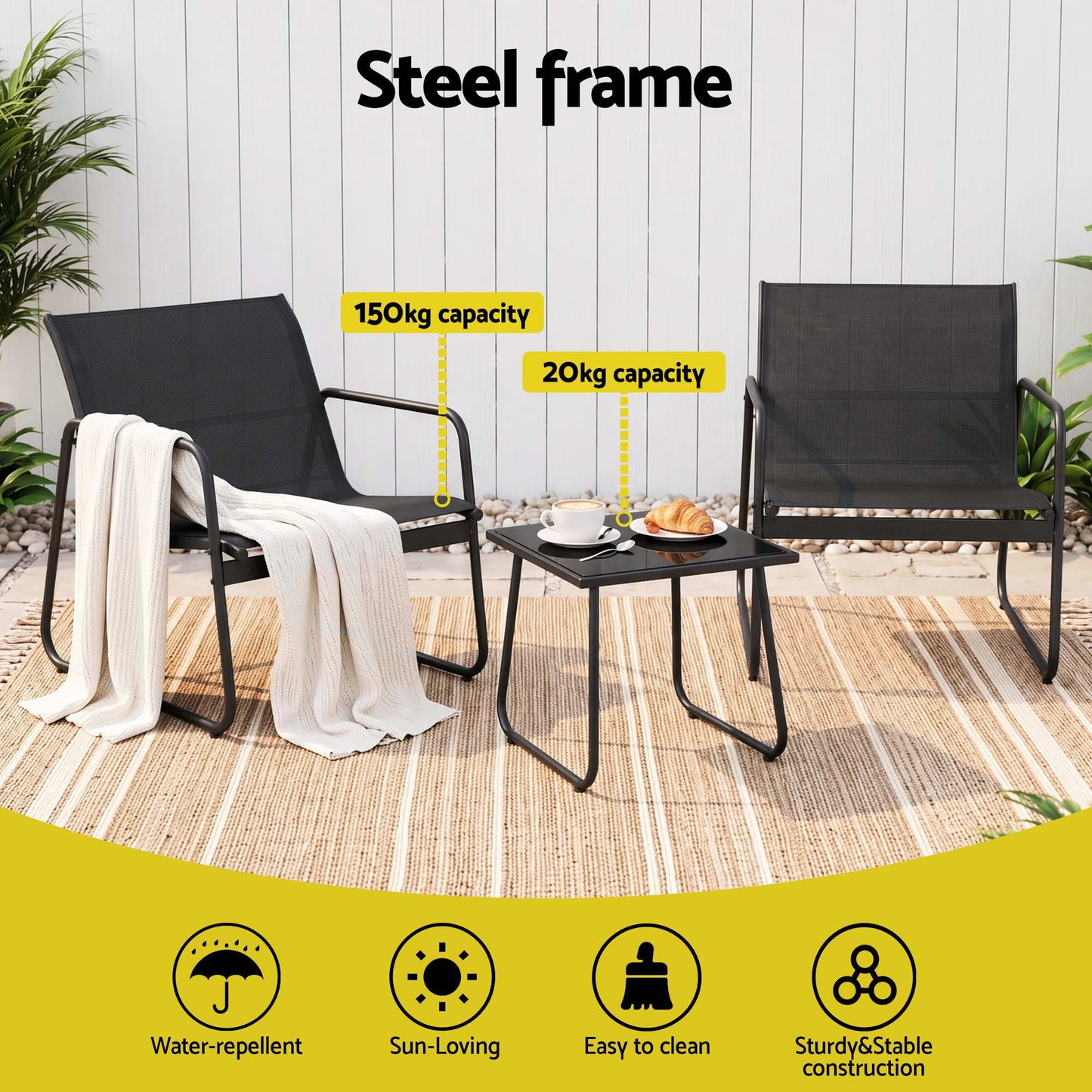 Nayeli 3-Piece Outdoor Bistro Set Table and Chairs Steel Dining Chair Patio Furniture Textilene - Black