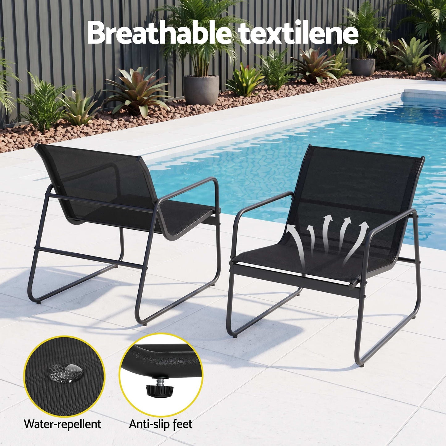 Nayeli 3-Piece Outdoor Bistro Set Table and Chairs Steel Dining Chair Patio Furniture Textilene - Black