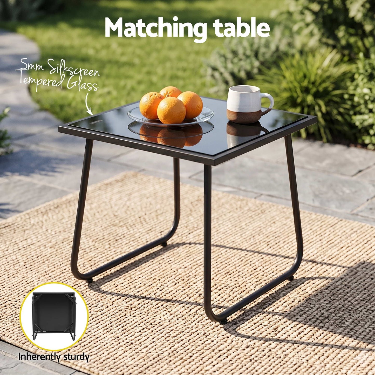 Nayeli 3-Piece Outdoor Bistro Set Table and Chairs Steel Dining Chair Patio Furniture Textilene - Black