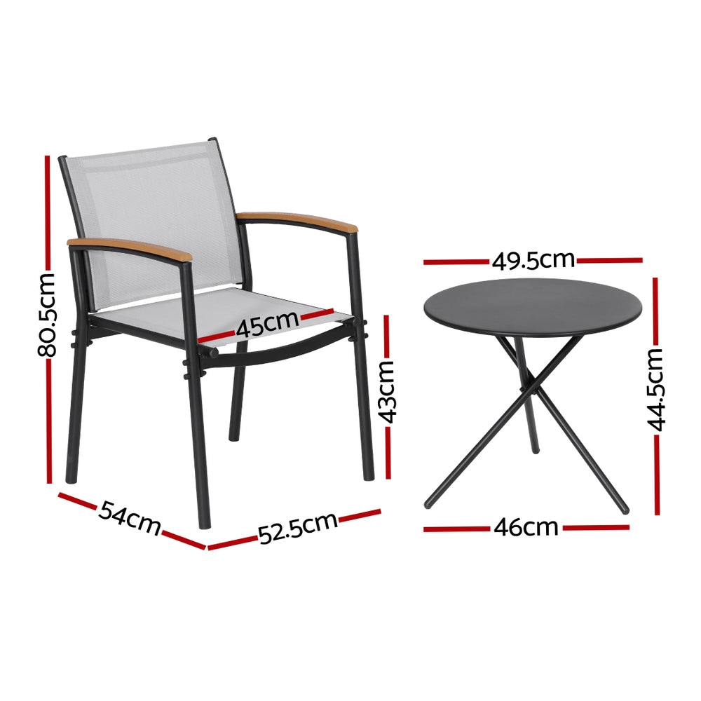 Nayeli 3-Piece Outdoor Bistro Set Table and Chairs Steel Dining Chair Patio Furniture Textilene - Grey