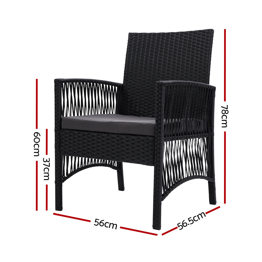 Mitchell Set of 2 Outdoor Dining Chairs Patio Furniture Wicker Lounge Chair Garden - Black