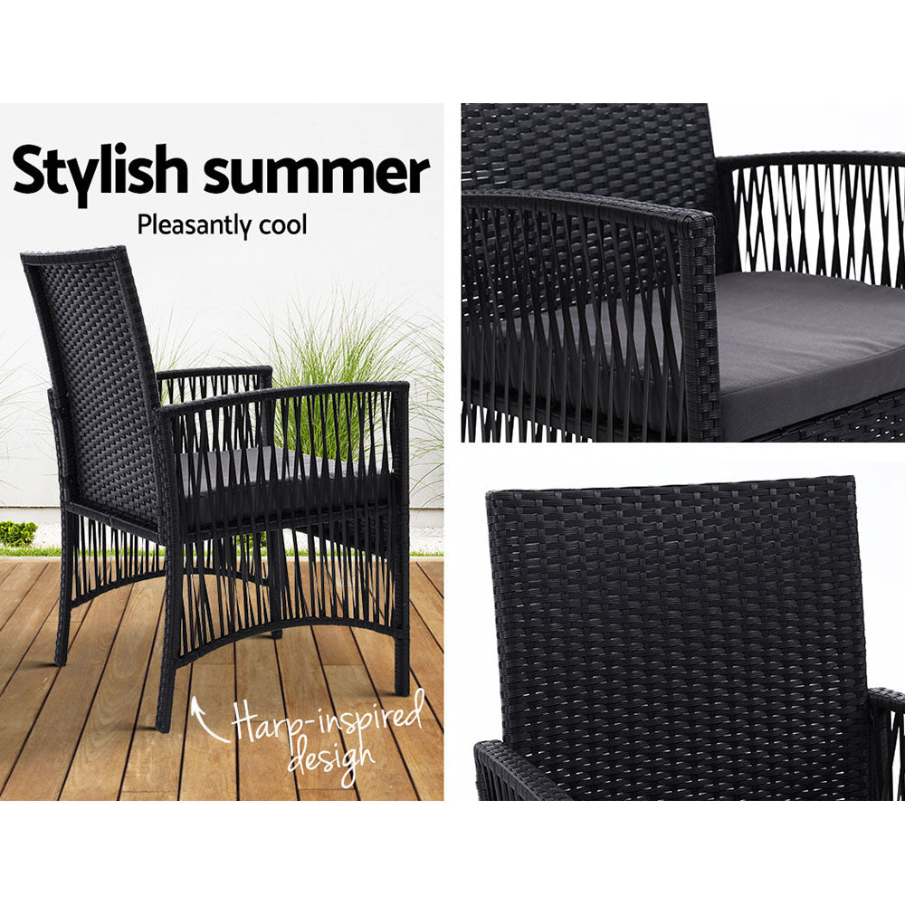 Mitchell Set of 2 Outdoor Dining Chairs Patio Furniture Wicker Lounge Chair Garden - Black
