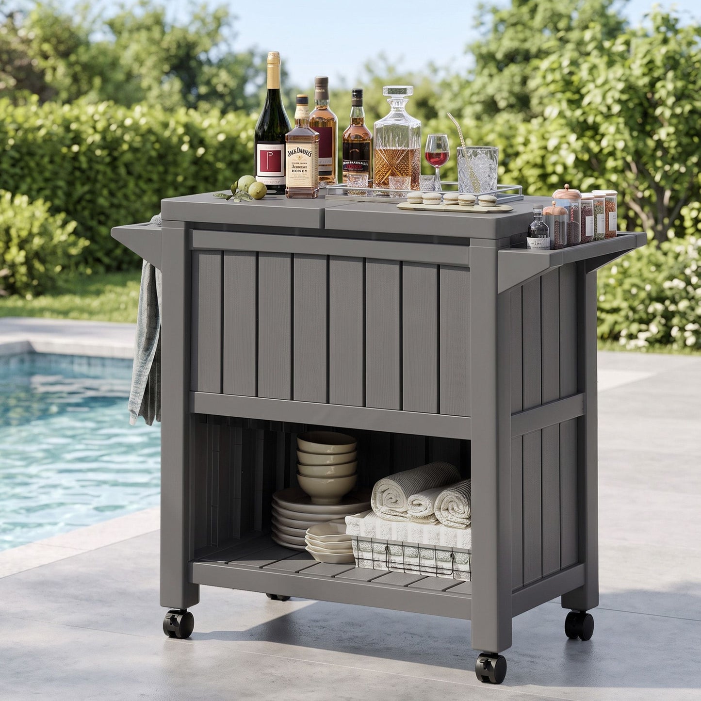 Outdoor Storage Cabinet Box 80L Ice Bucket Cooler Rolling Serving Cart Kitchen Trolley Brown