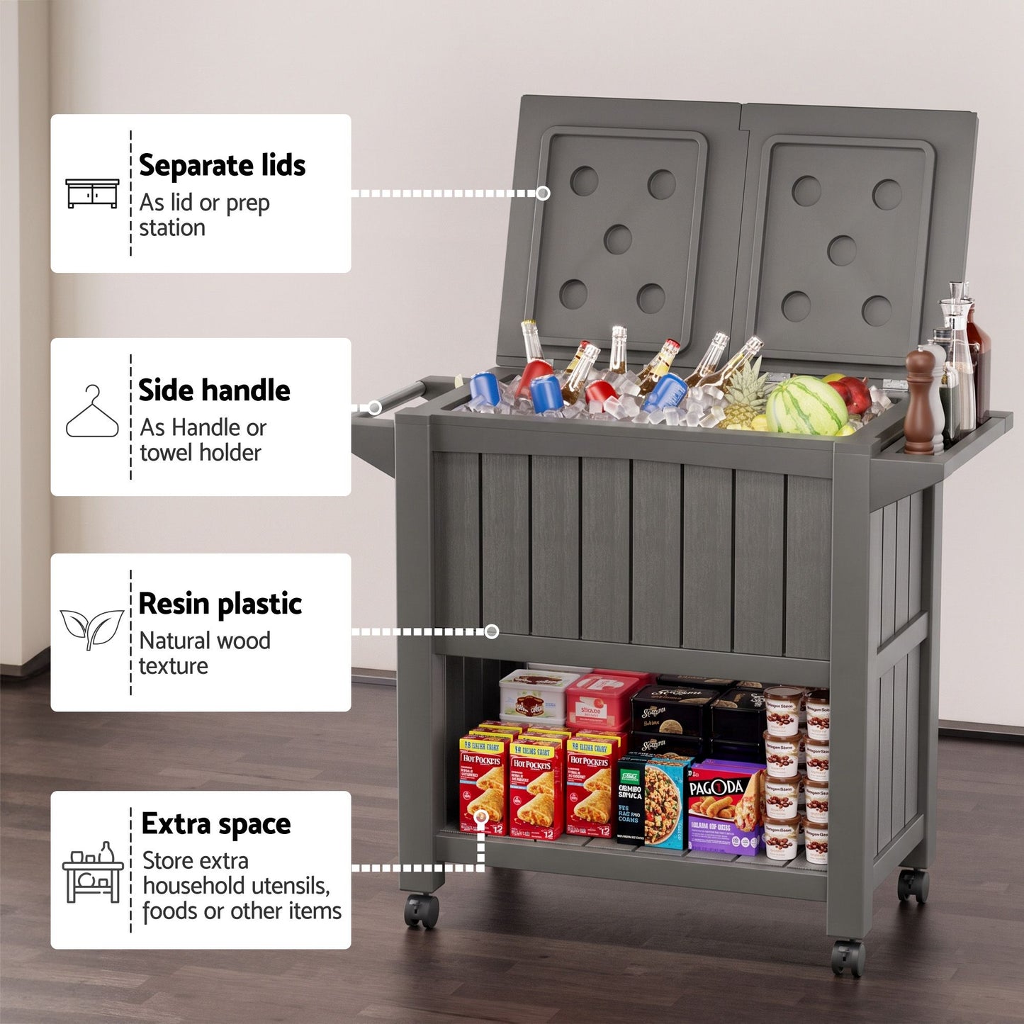 Outdoor Storage Cabinet Box 80L Ice Bucket Cooler Rolling Serving Cart Kitchen Trolley Brown
