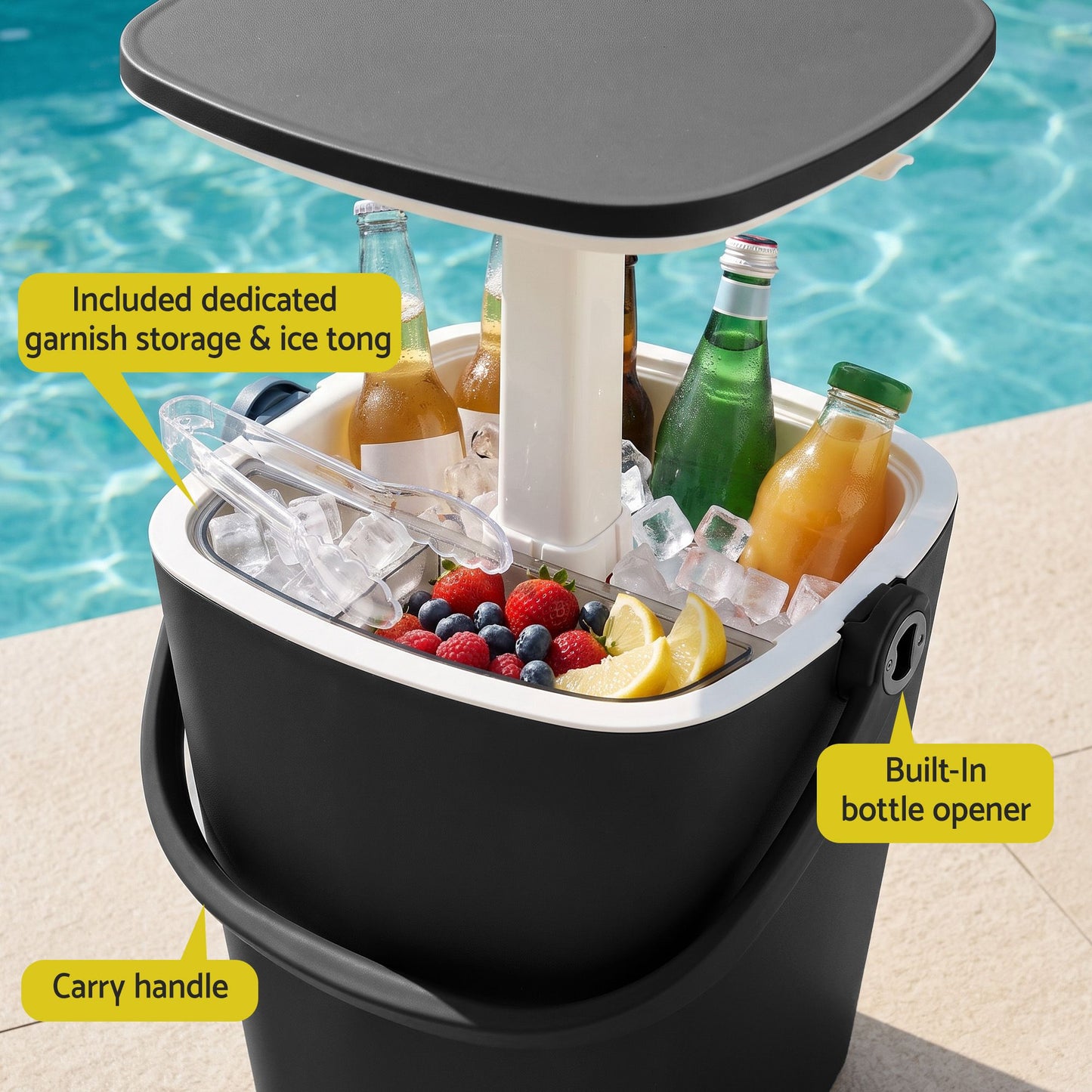 2-in-1 Outdoor Bar Table Portable Wine Cooler 15L Ice Bucket Tong Black