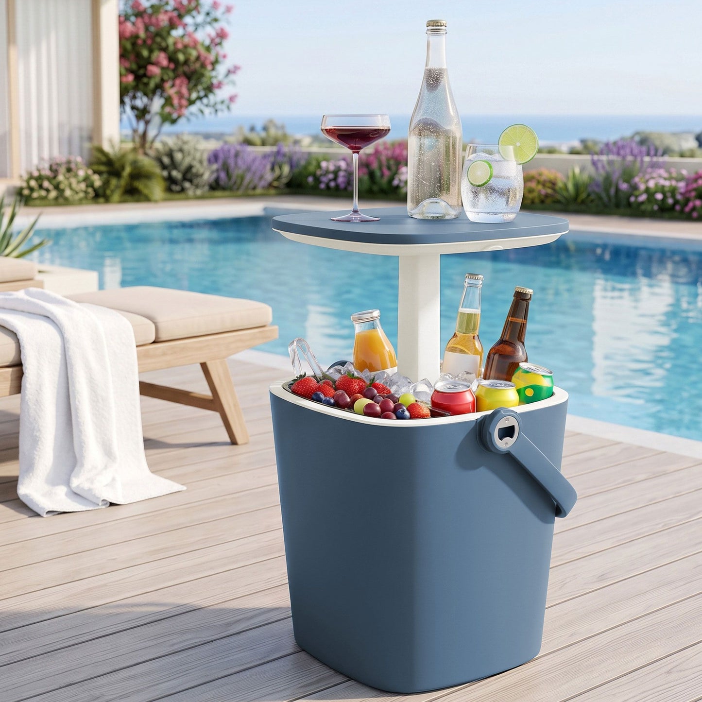2-in-1 Outdoor Bar Table Portable Ice Bucket Cooler 15L Tong Blue