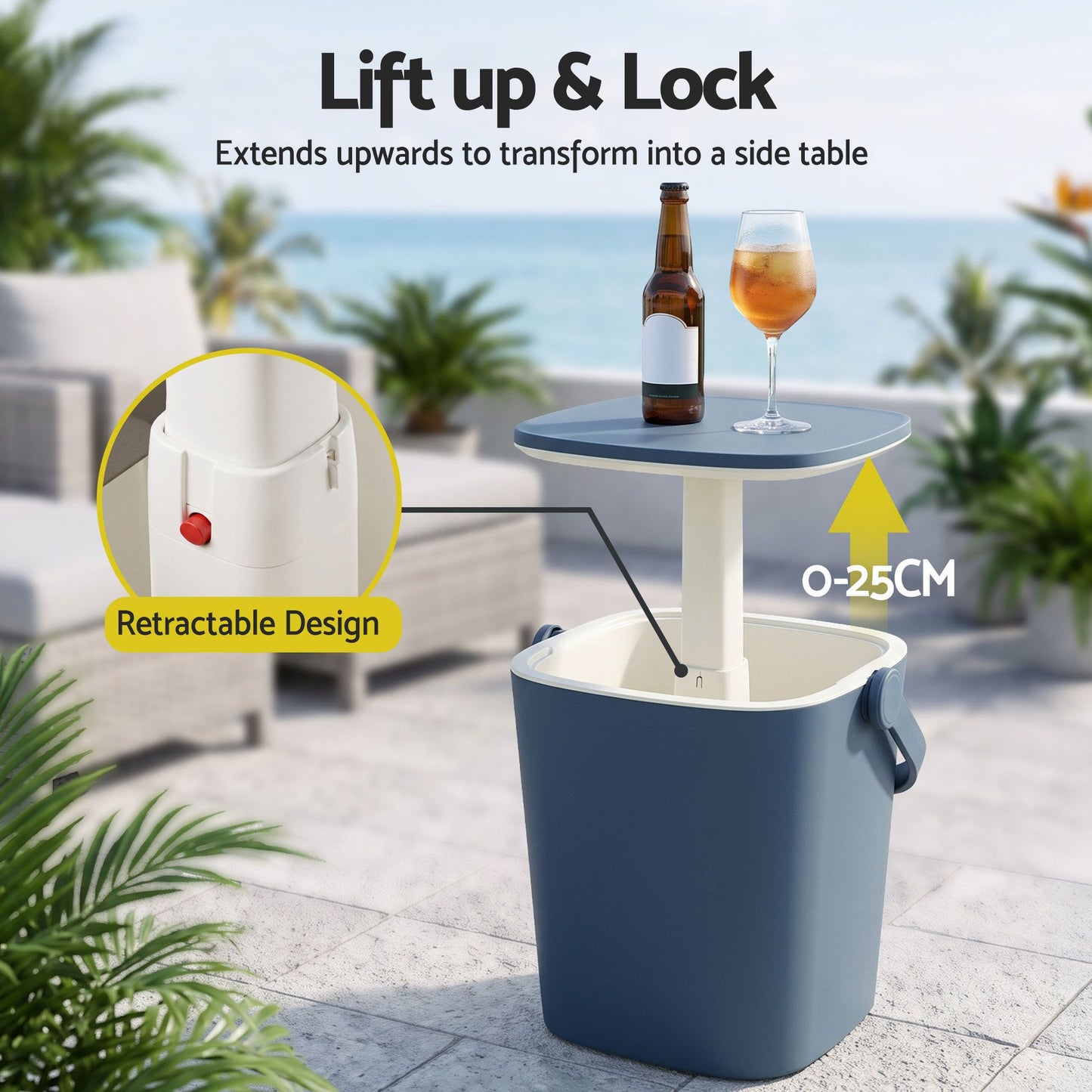 2-in-1 Outdoor Bar Table Portable Ice Bucket Cooler 15L Tong Blue
