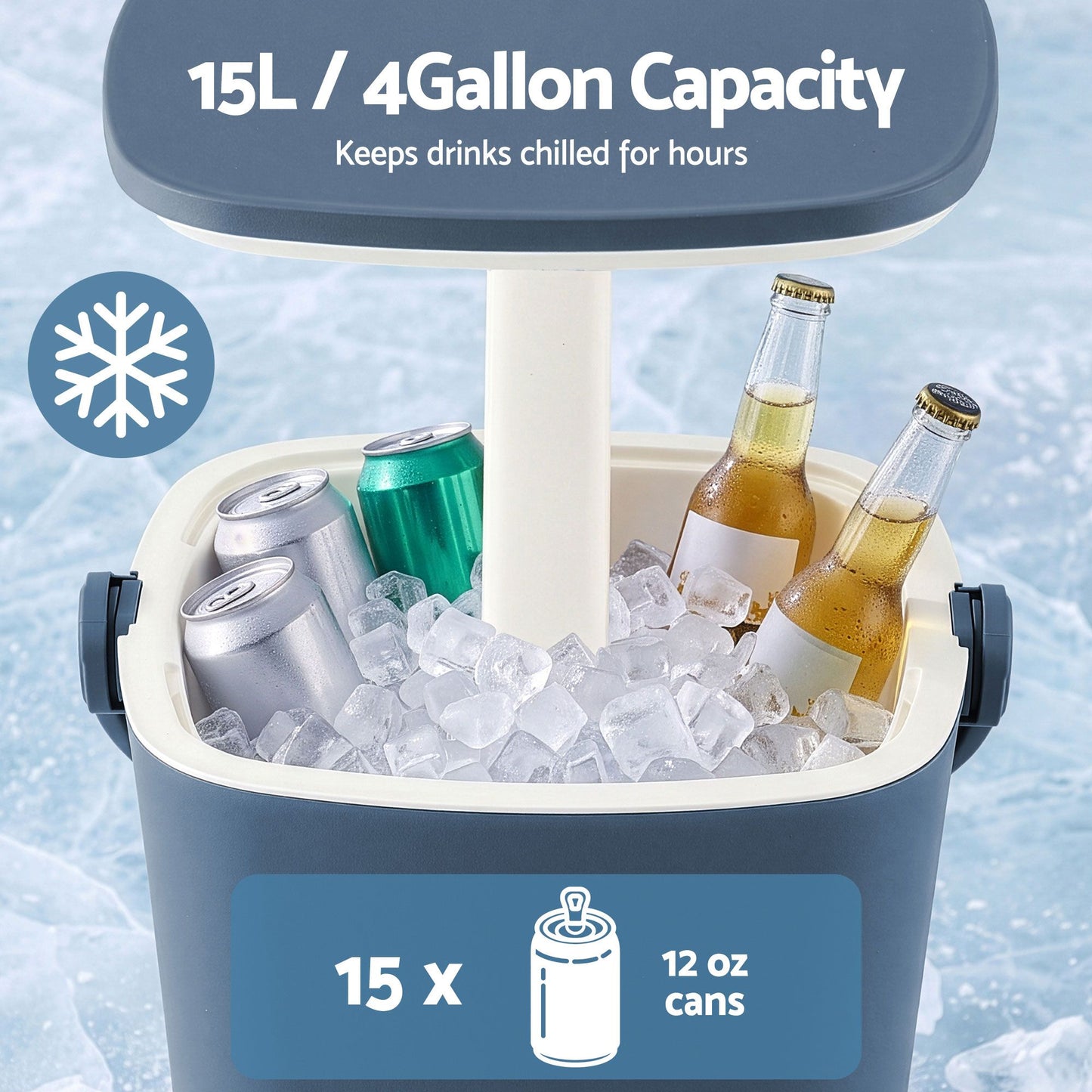 2-in-1 Outdoor Bar Table Portable Ice Bucket Cooler 15L Tong Blue