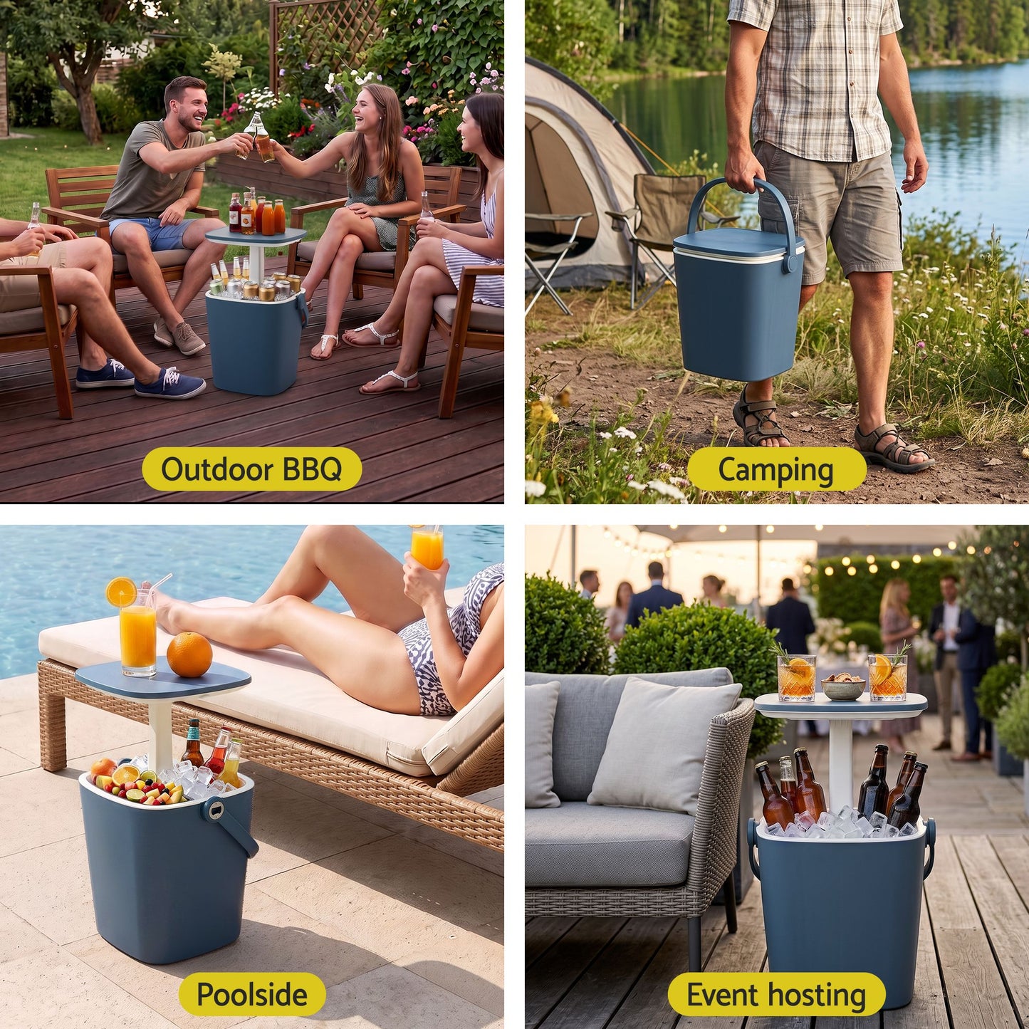 2-in-1 Outdoor Bar Table Portable Ice Bucket Cooler 15L Tong Blue