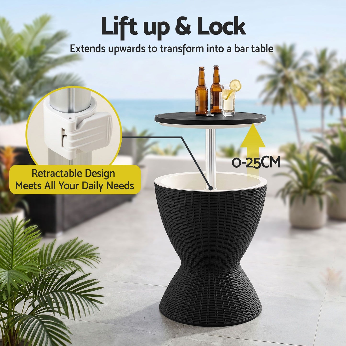 Outdoor Bar Table Portable Ice Bucket Cooler 30L Adjustable Top Black