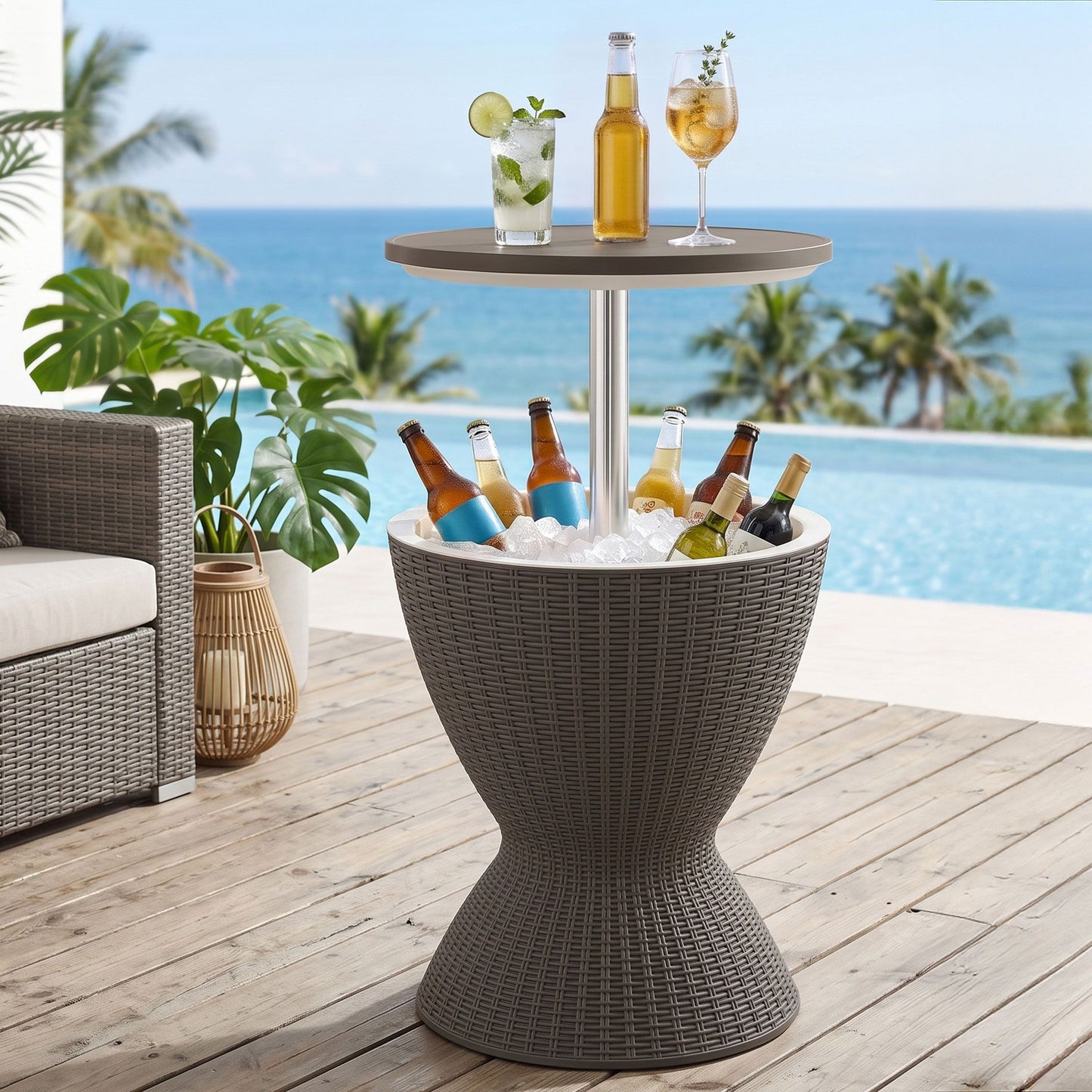 Outdoor Bar Table Portable Ice Bucket Cooler 30L Adjustable Top Brown