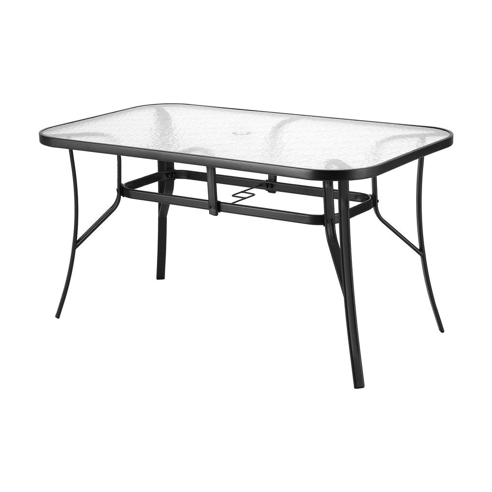Avicia 140CM Outdoor Dining Table Steel Frame Tempered Glass Parasol Hole - Black