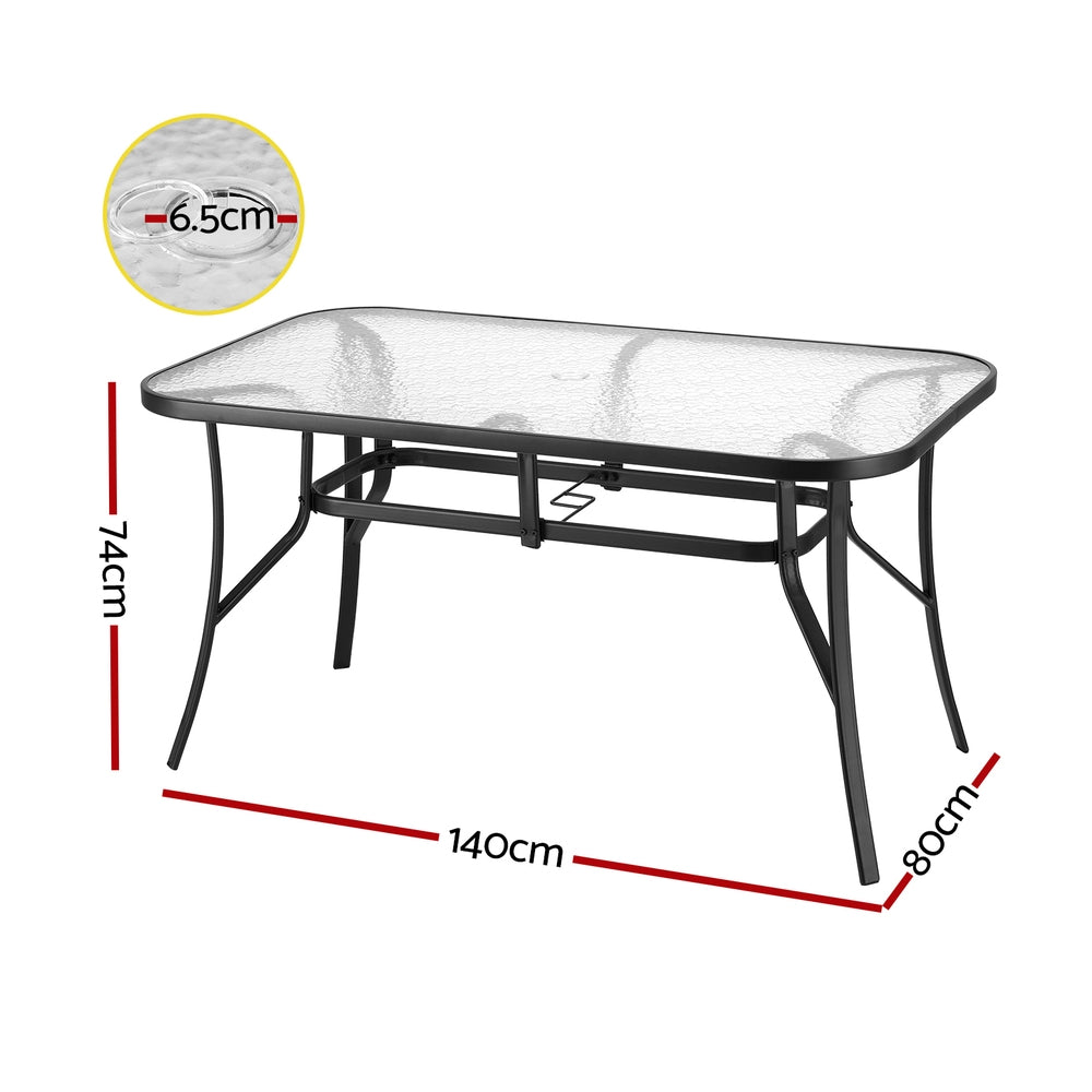 Avicia 140CM Outdoor Dining Table Steel Frame Tempered Glass Parasol Hole - Black
