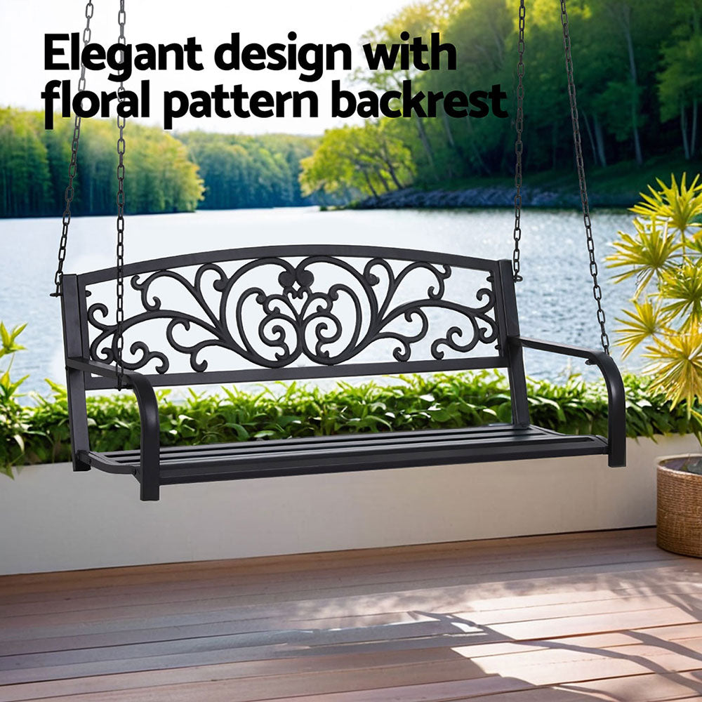 Sereia Outdoor Porch Swing Chair Patio Furniture Floral Backrest 2 Seater - Black