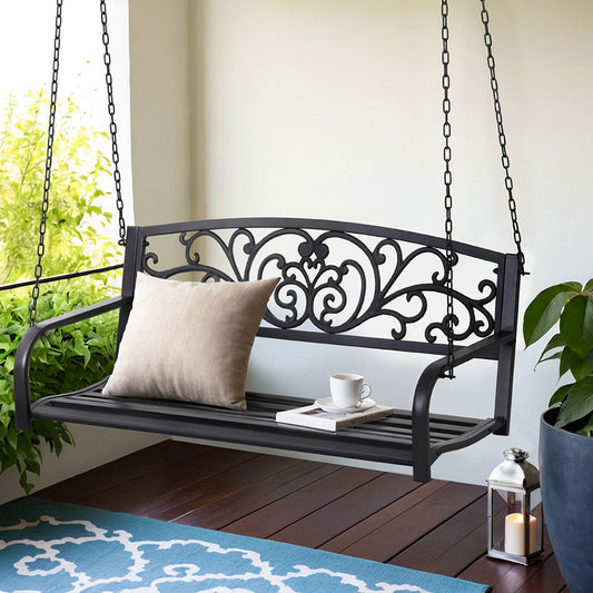 Sereia Outdoor Porch Swing Chair Patio Furniture Floral Backrest 2 Seater - Black