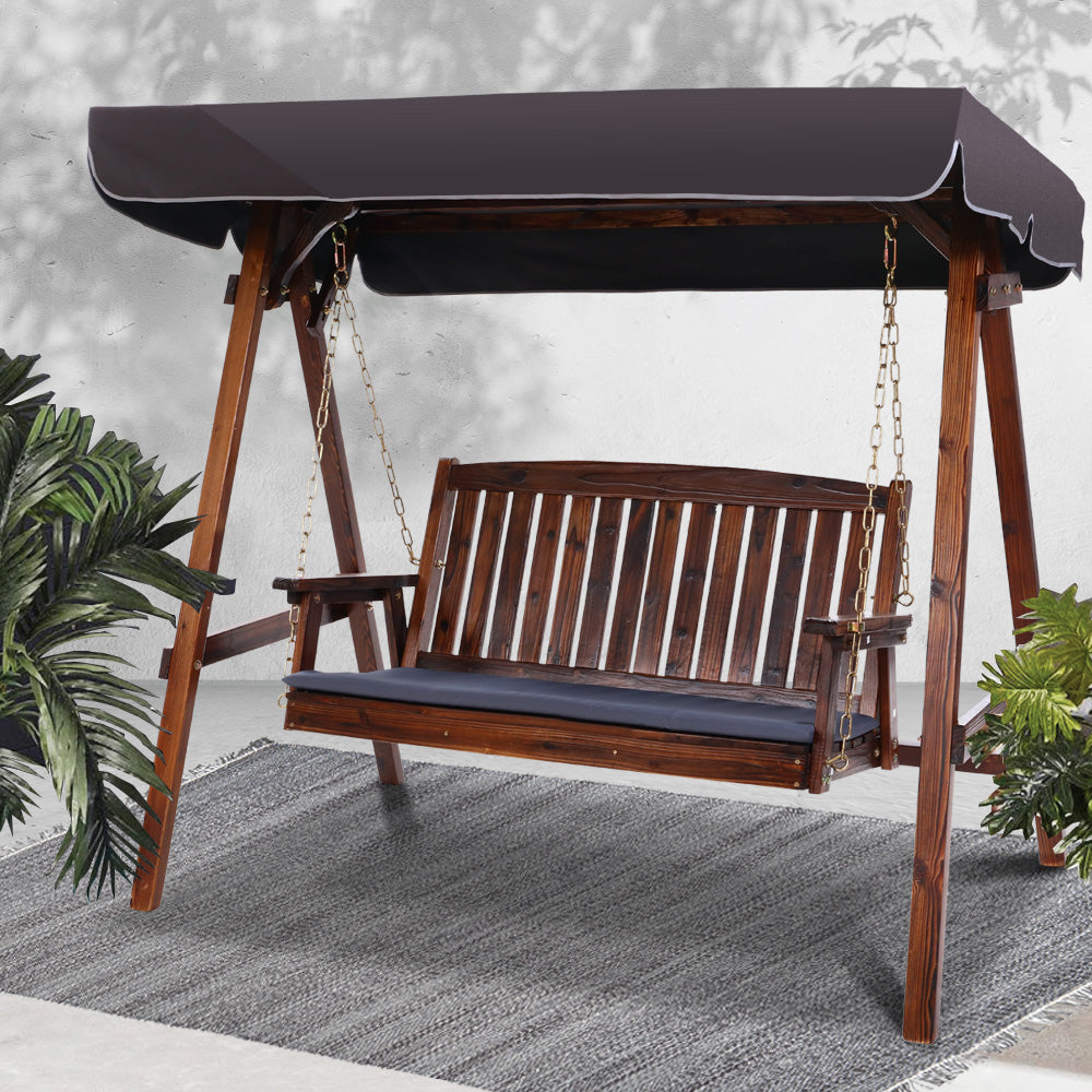 Fince 3 Seater Wooden Swing Chair Garden Bench Canopy - Charcoal