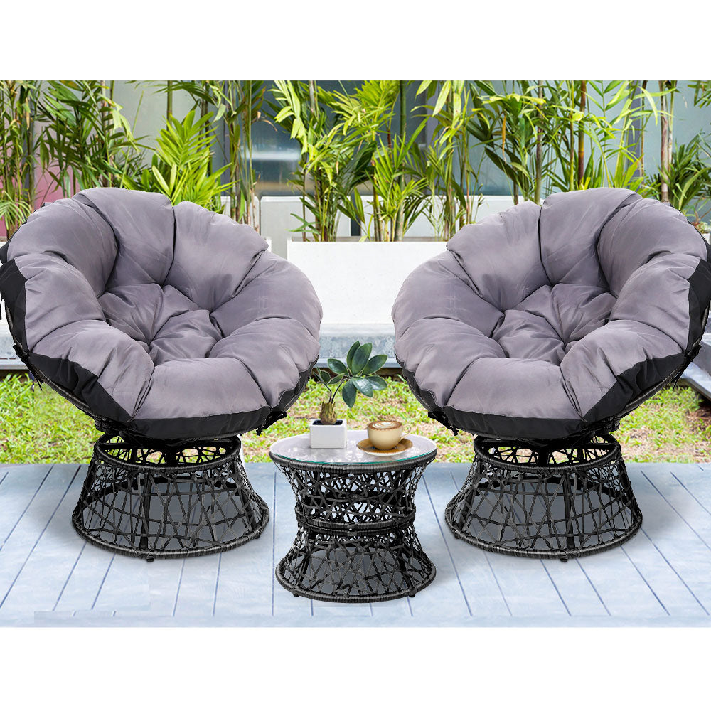Marl 3-Piece Outdoor Papasan Chair and Table Bistro Set Lounge Setting Patio Furniture Wicker - Black