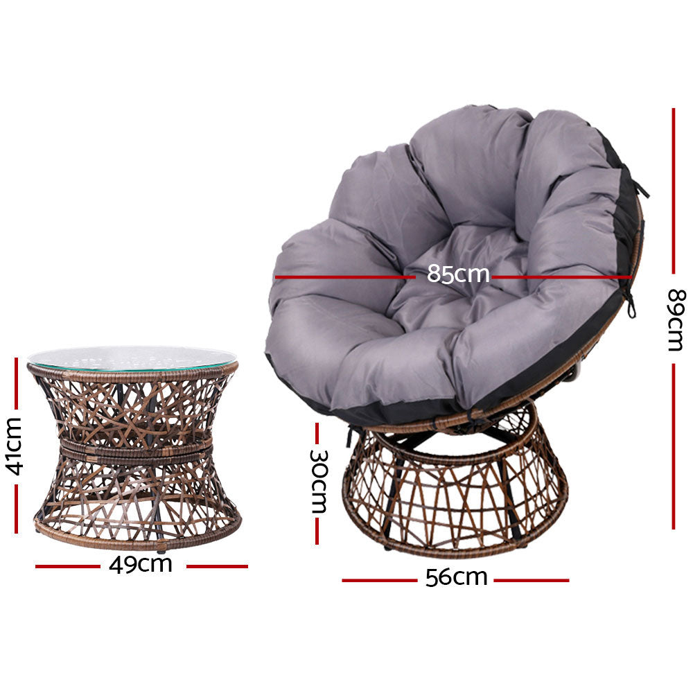 Marl 3-Piece Outdoor Papasan Chair and Table Bistro Set Lounge Setting Patio Furniture Wicker - Brown