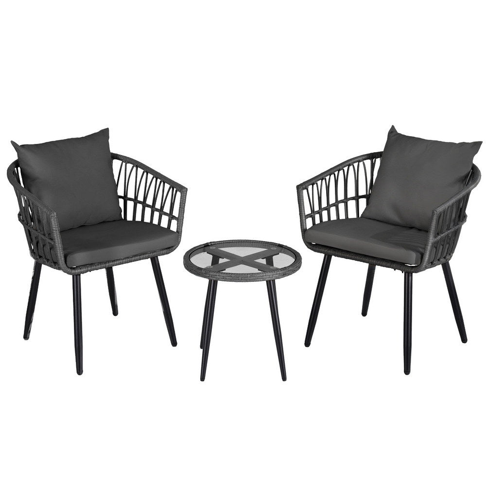 Eulalia 3-Piece Outdoor Bistro Set Patio Furniture Lounge Setting Table and Chairs - Grey