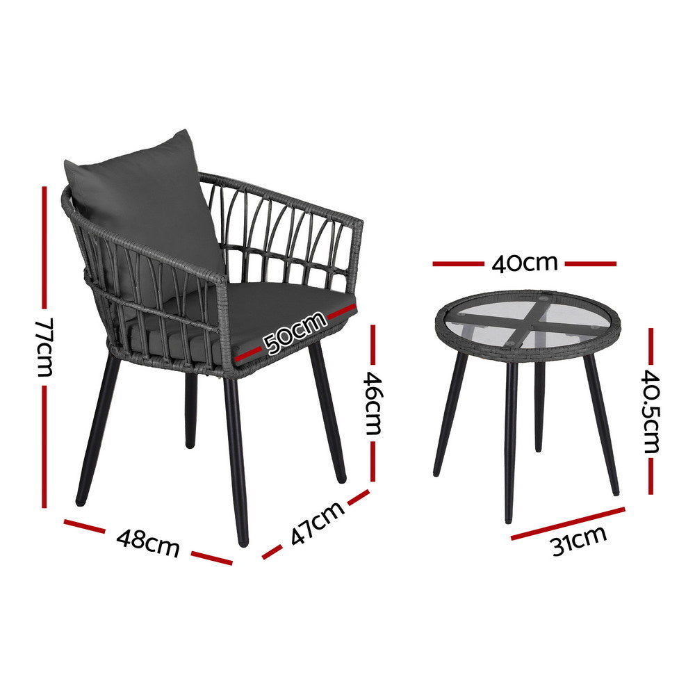 Eulalia 3-Piece Outdoor Bistro Set Patio Furniture Lounge Setting Table and Chairs - Grey