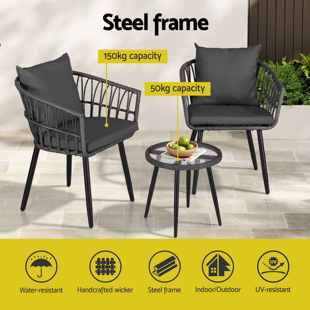 Eulalia 3-Piece Outdoor Bistro Set Patio Furniture Lounge Setting Table and Chairs - Grey