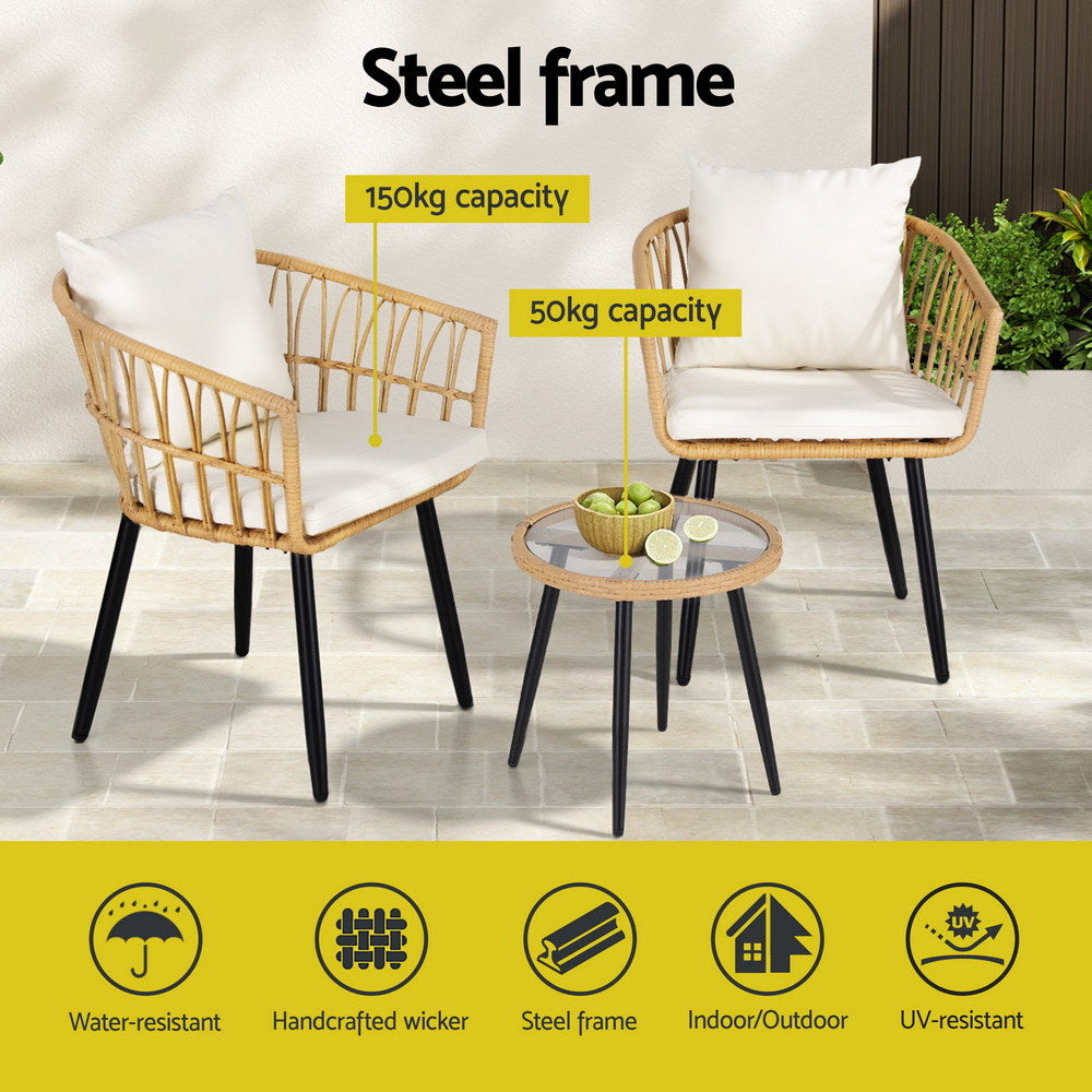 Eulalia 3-Piece Outdoor Bistro Set Patio Furniture Lounge Setting Table and Chairs - Natural