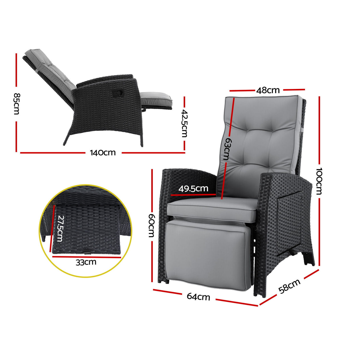 Aloura Outdoor Recliner Chairs Sun lounge Wicker Lounger Patio Furniture Adjustable - Black