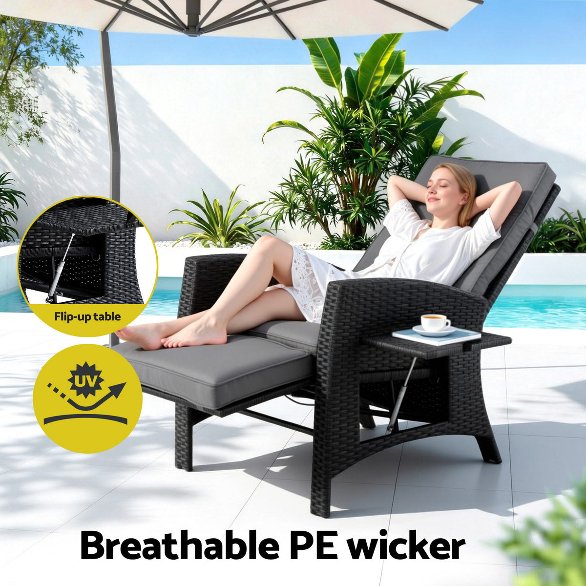 Aloura Outdoor Recliner Chairs Sun lounge Wicker Lounger Patio Furniture Adjustable - Black