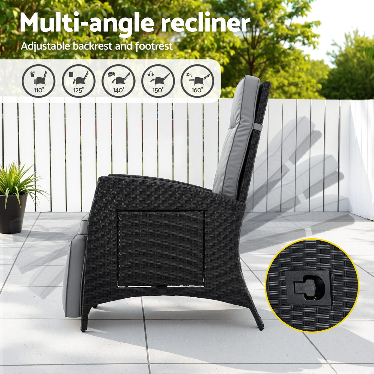 Aloura Outdoor Recliner Chairs Sun lounge Wicker Lounger Patio Furniture Adjustable - Black