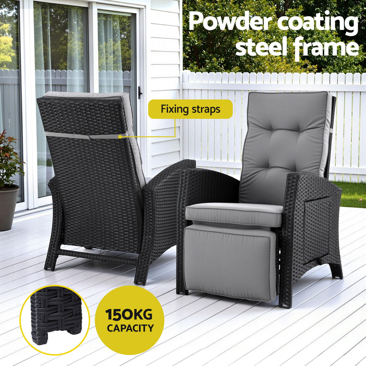 Aloura Outdoor Recliner Chairs Sun lounge Wicker Lounger Patio Furniture Adjustable - Black