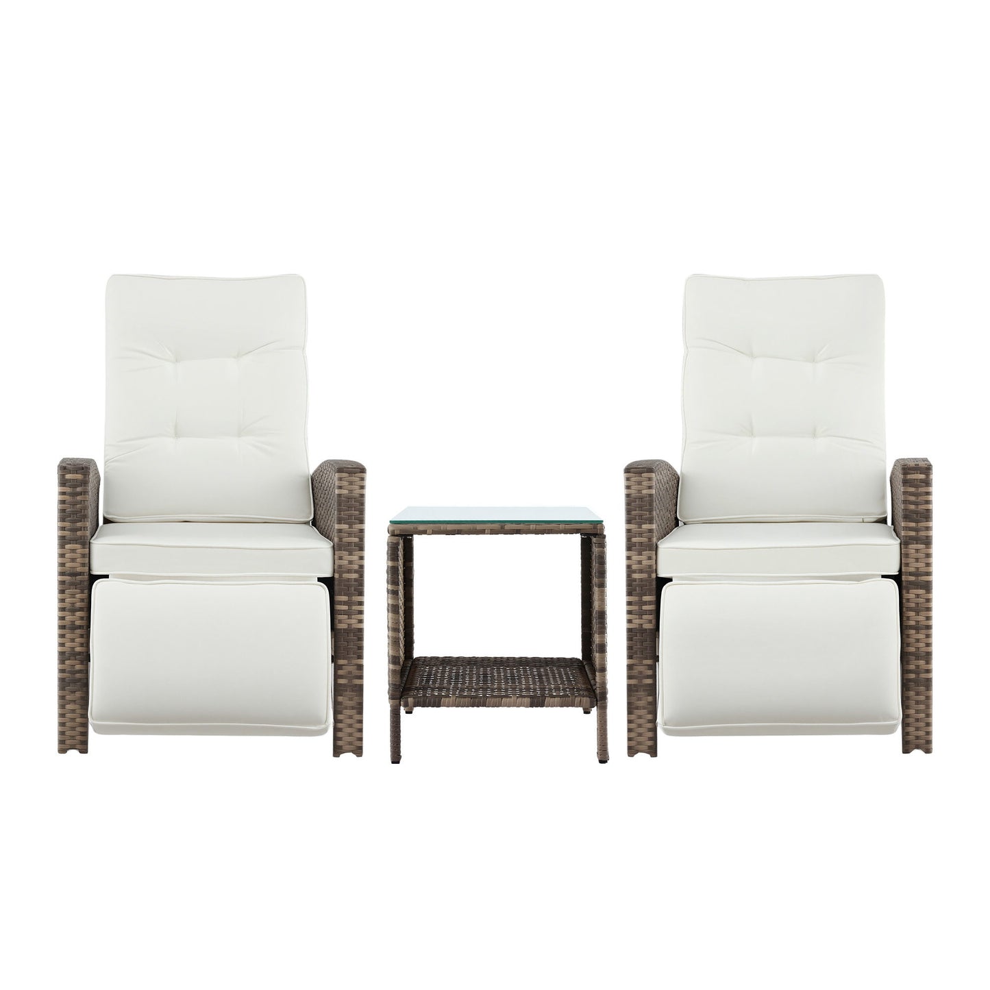 Aloura 3-Piece Outdoor Bistro Set Recliner Chairs Table Sun lounge Patio Furniture Wicker Adjustable - Natural