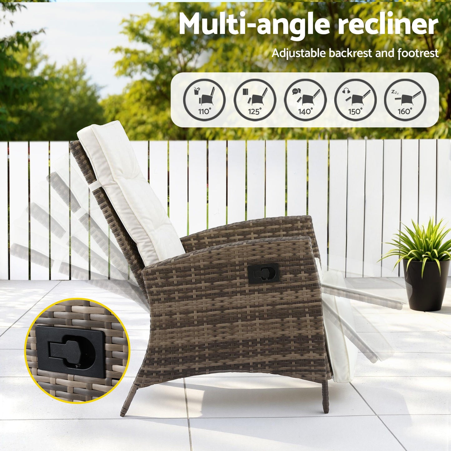 Aloura 3-Piece Outdoor Bistro Set Recliner Chairs Table Sun lounge Patio Furniture Wicker Adjustable - Natural