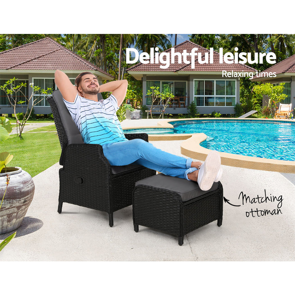 Yeovil Recliner Chair Outdoor Furniture Setting Patio Wicker Sofa Chair and Ottoman - Black