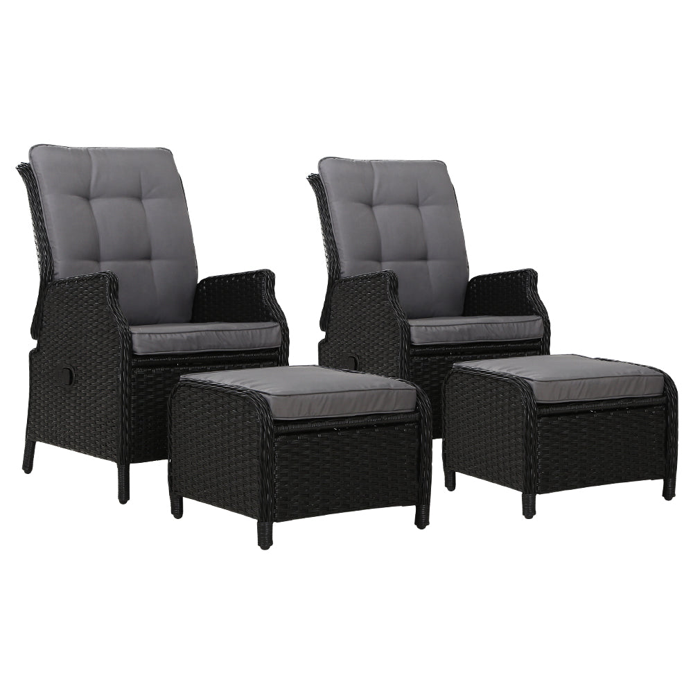 Yeovil Set of 2 Recliner Chair Outdoor Furniture Setting Patio Wicker Sofa Chair and Ottoman - Black