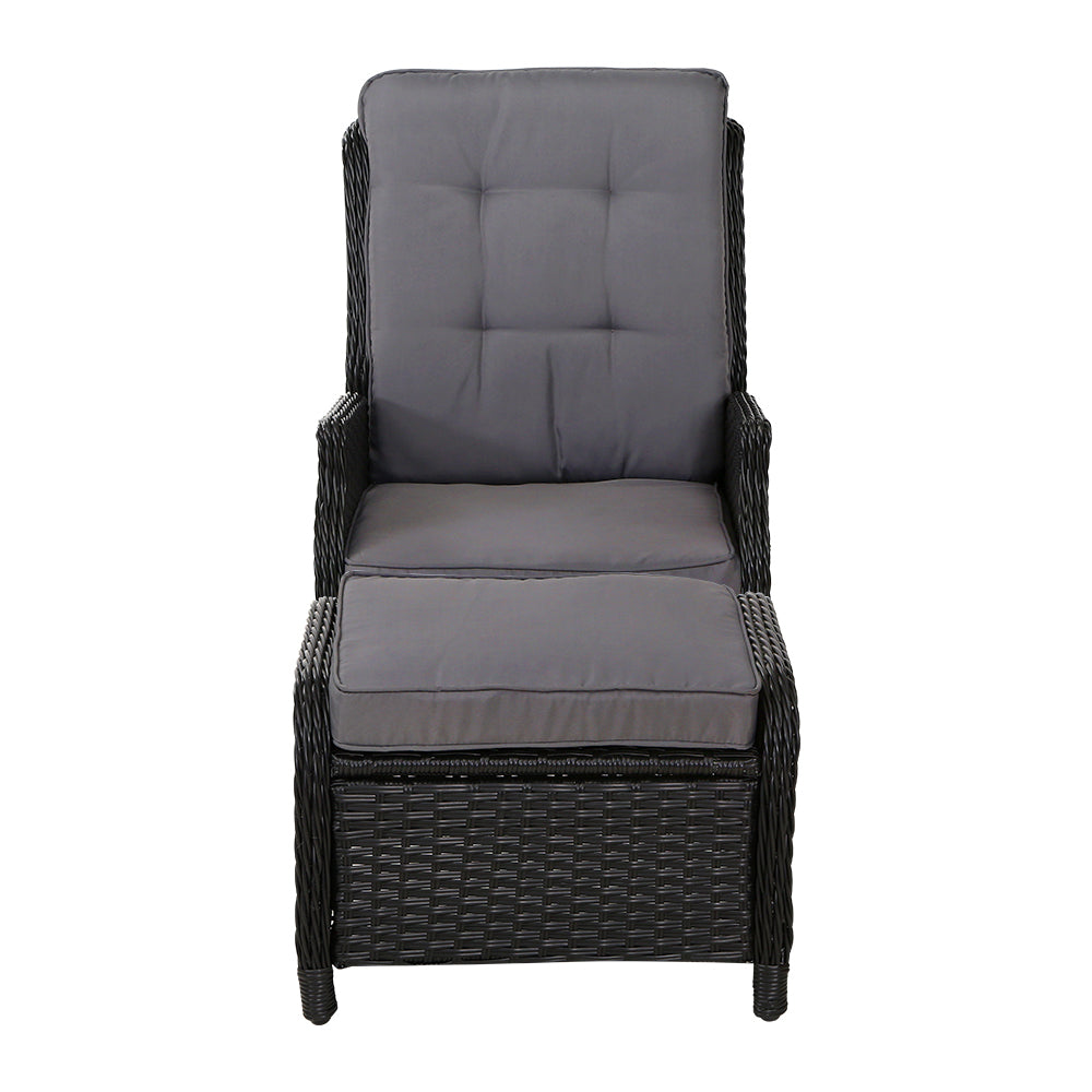 Yeovil Set of 2 Recliner Chair Outdoor Furniture Setting Patio Wicker Sofa Chair and Ottoman - Black