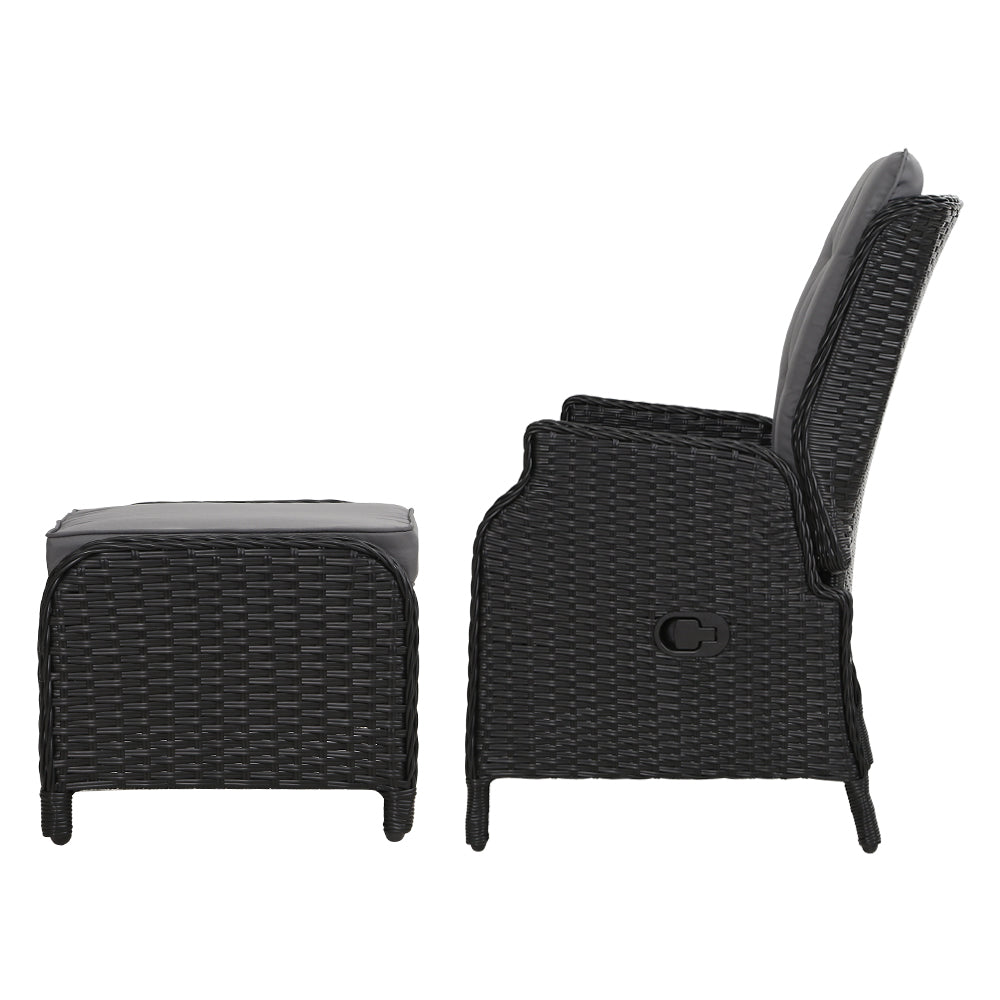 Yeovil Set of 2 Recliner Chair Outdoor Furniture Setting Patio Wicker Sofa Chair and Ottoman - Black