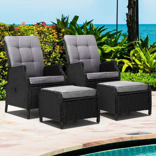 Yeovil Set of 2 Recliner Chair Outdoor Furniture Setting Patio Wicker Sofa Chair and Ottoman - Black