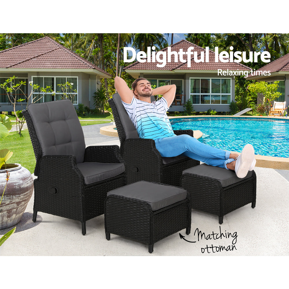 Yeovil Set of 2 Recliner Chair Outdoor Furniture Setting Patio Wicker Sofa Chair and Ottoman - Black