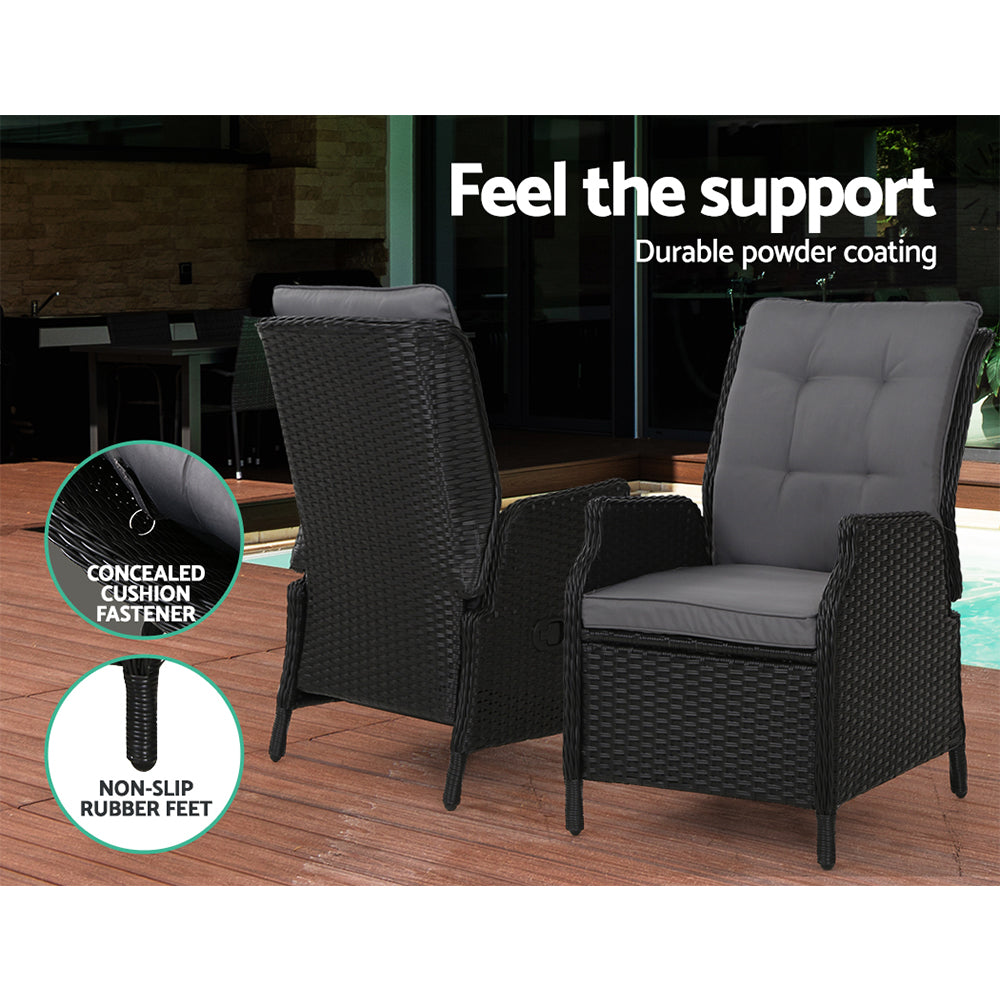 Yeovil Set of 2 Recliner Chair Outdoor Furniture Setting Patio Wicker Sofa Chair and Ottoman - Black