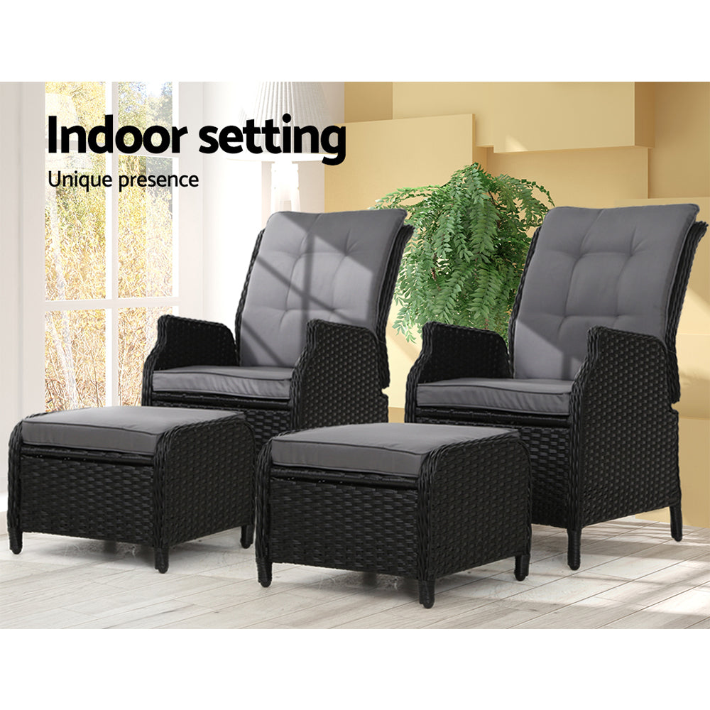 Yeovil Set of 2 Recliner Chair Outdoor Furniture Setting Patio Wicker Sofa Chair and Ottoman - Black