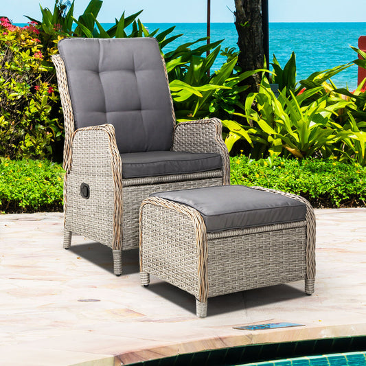 Yeovil Recliner Chair Outdoor Furniture Setting Patio Wicker Sofa Chair and Ottoman - Grey