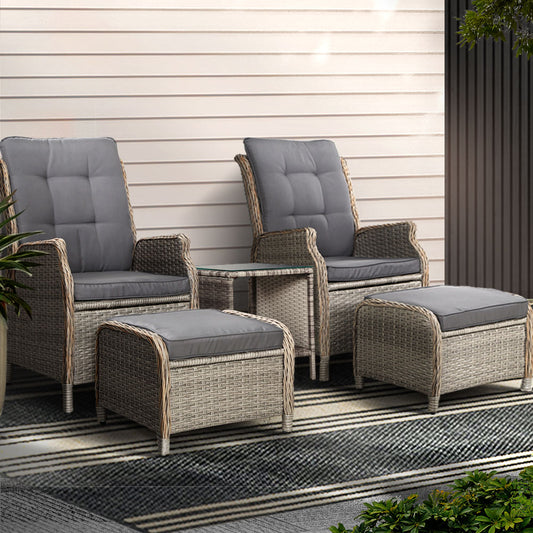 Cylas 5-Piece Recliner Chairs Table Sun lounge Wicker Outdoor Furniture Adjustable - Grey