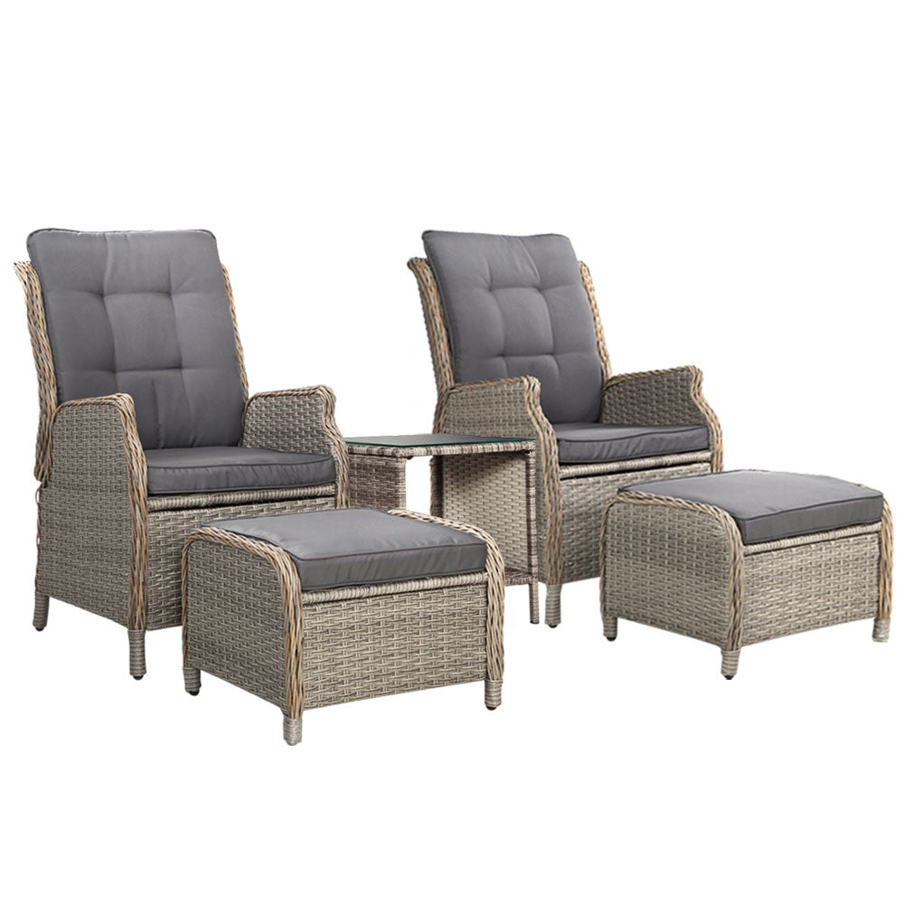 Cylas 5-Piece Recliner Chairs Table Sun lounge Wicker Outdoor Furniture Adjustable - Grey