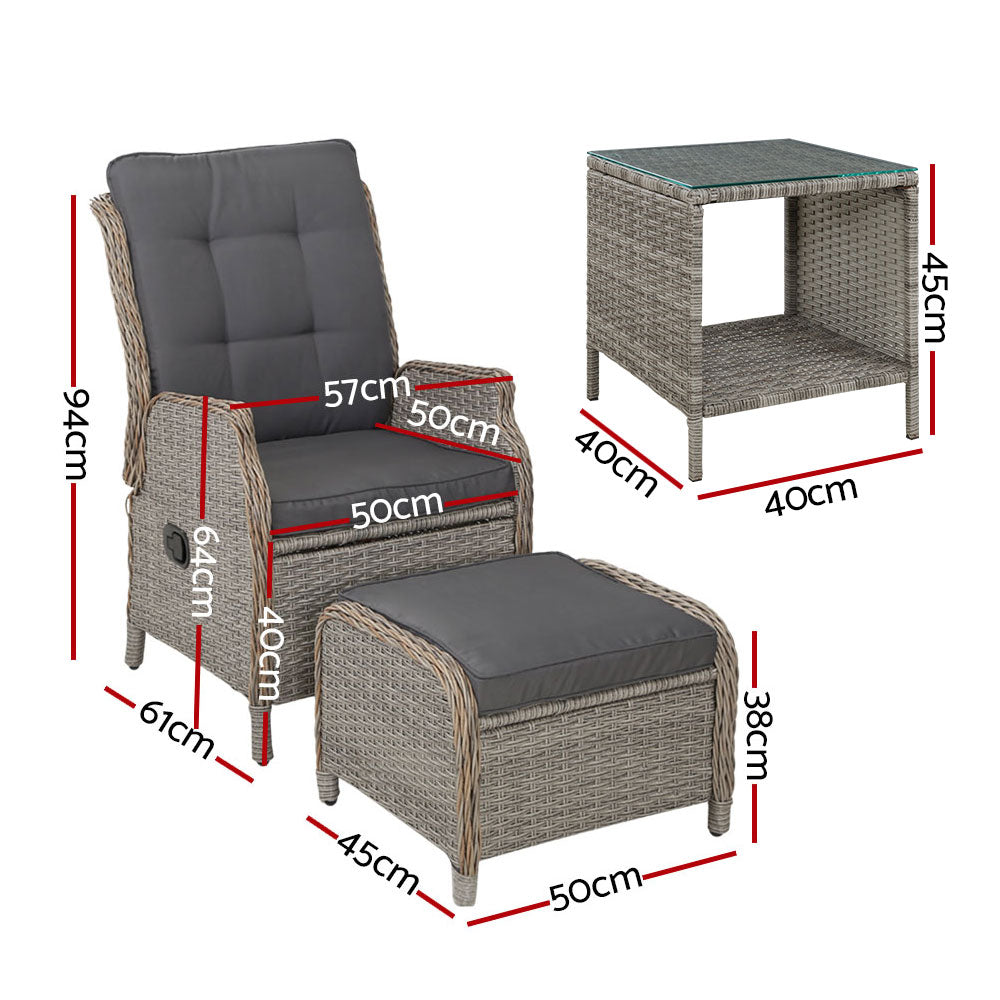 Cylas 5-Piece Recliner Chairs Table Sun lounge Wicker Outdoor Furniture Adjustable - Grey