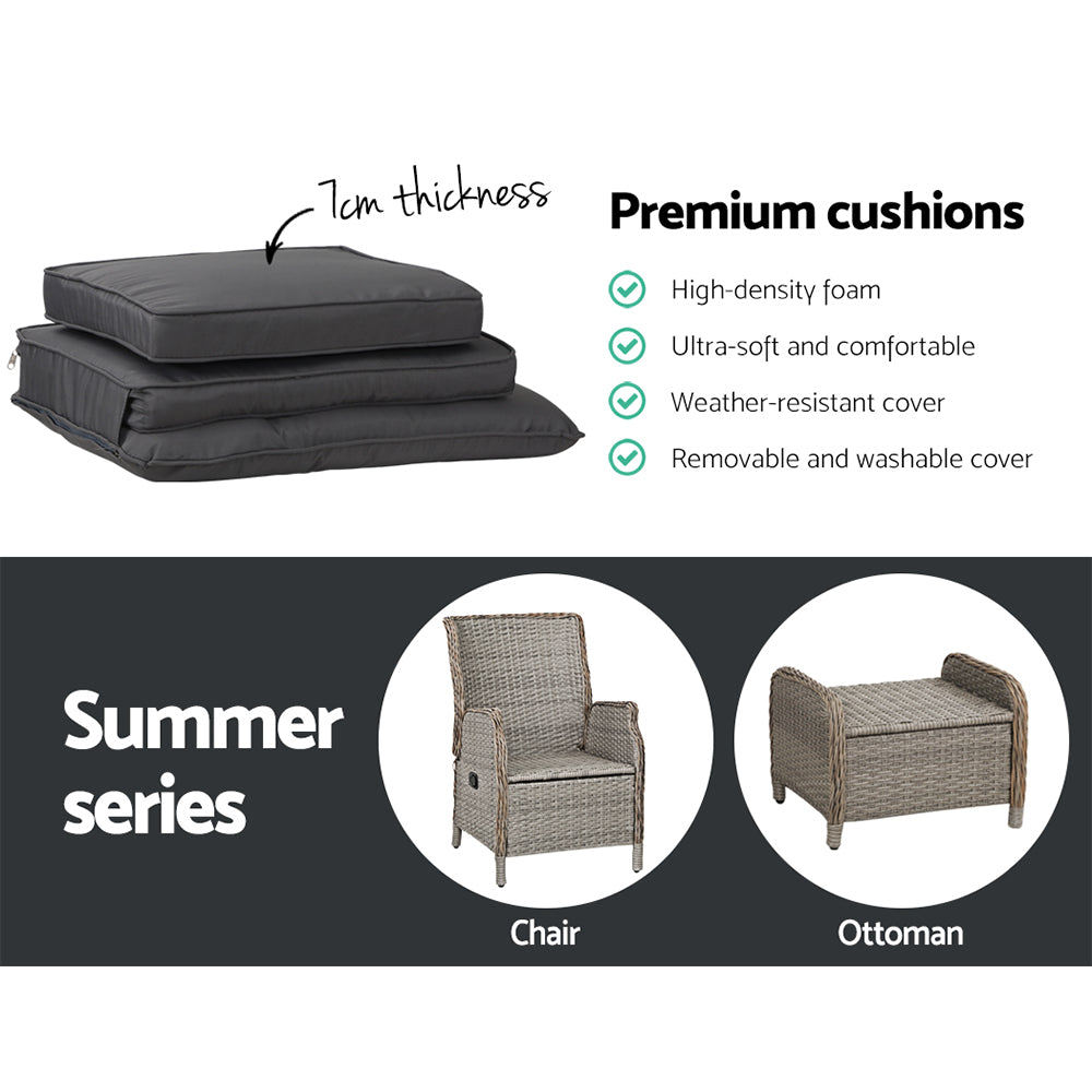 Cylas 5-Piece Recliner Chairs Table Sun lounge Wicker Outdoor Furniture Adjustable - Grey