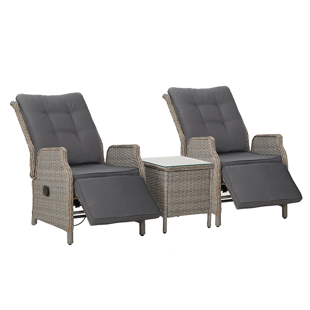 Kaedra 3-Piece Recliner Chairs Table Sun lounge Outdoor Furniture Wicker Adjustable - Grey