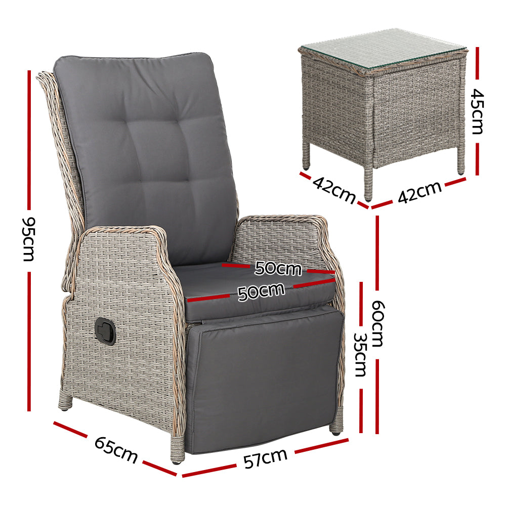 Kaedra 3-Piece Recliner Chairs Table Sun lounge Outdoor Furniture Wicker Adjustable - Grey