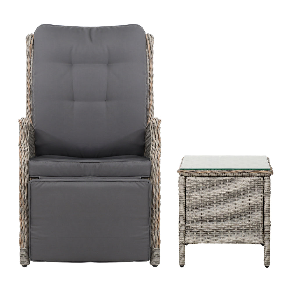 Kaedra 3-Piece Recliner Chairs Table Sun lounge Outdoor Furniture Wicker Adjustable - Grey