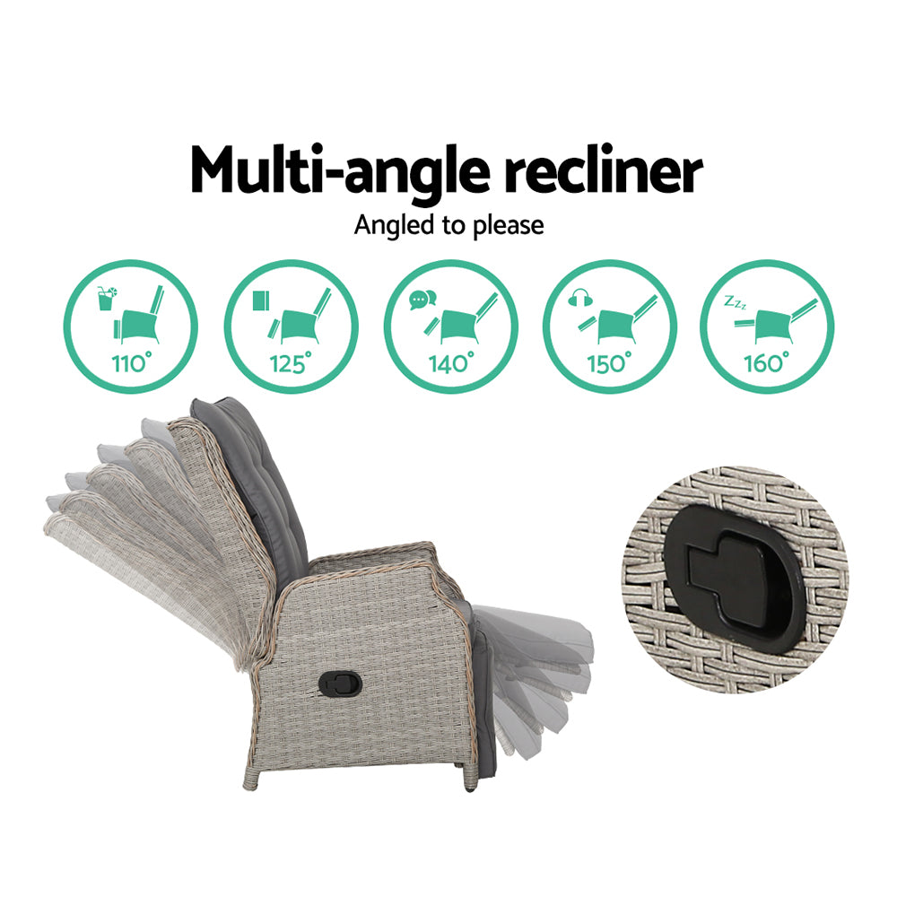 Kaedra 3-Piece Recliner Chairs Table Sun lounge Outdoor Furniture Wicker Adjustable - Grey