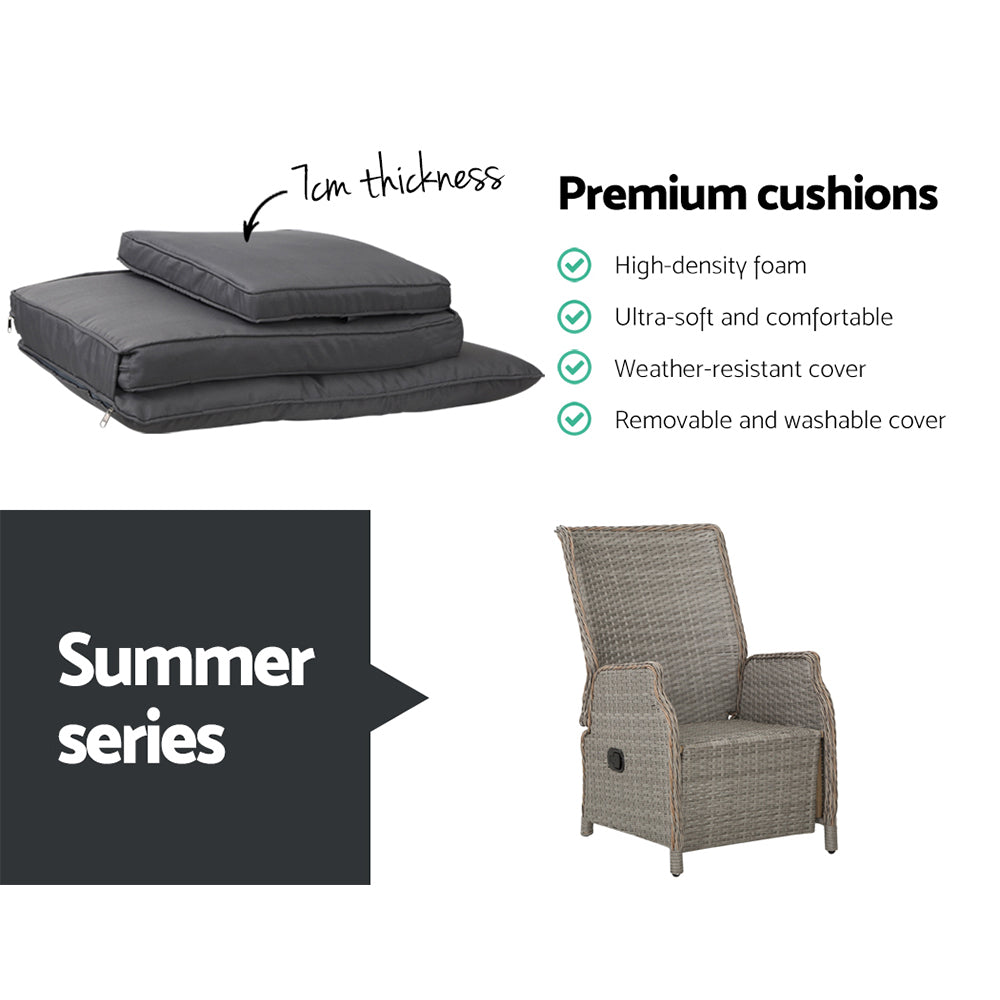 Kaedra 3-Piece Recliner Chairs Table Sun lounge Outdoor Furniture Wicker Adjustable - Grey